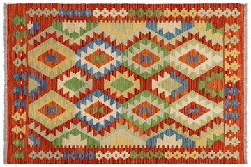 Flat Weave Kilim, Antique, Navaho, Vintage, Handmade, Geometric Kilim Rust Blue Hand-Woven Rectangle 100% Wool Area Rug 3 x 5
